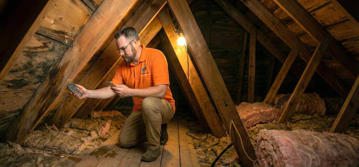 Attic inspection in a Southern New Brunswick home showing sheathing and insulation detail