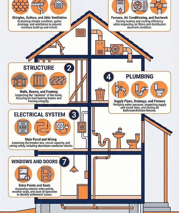 Diagram of home showing all major systems inspected: roof, structure, electrical, plumbing, HVAC, foundation