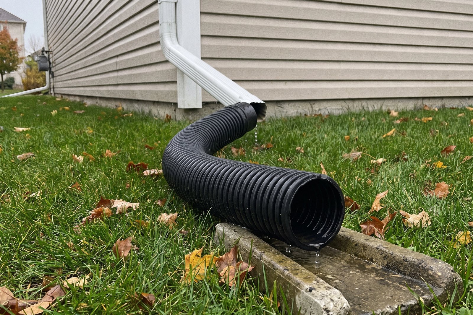 A black corrugated downspout extension carrying roof water across the lawn to a concrete splash block well away from the foundation of a Southern New Brunswick home