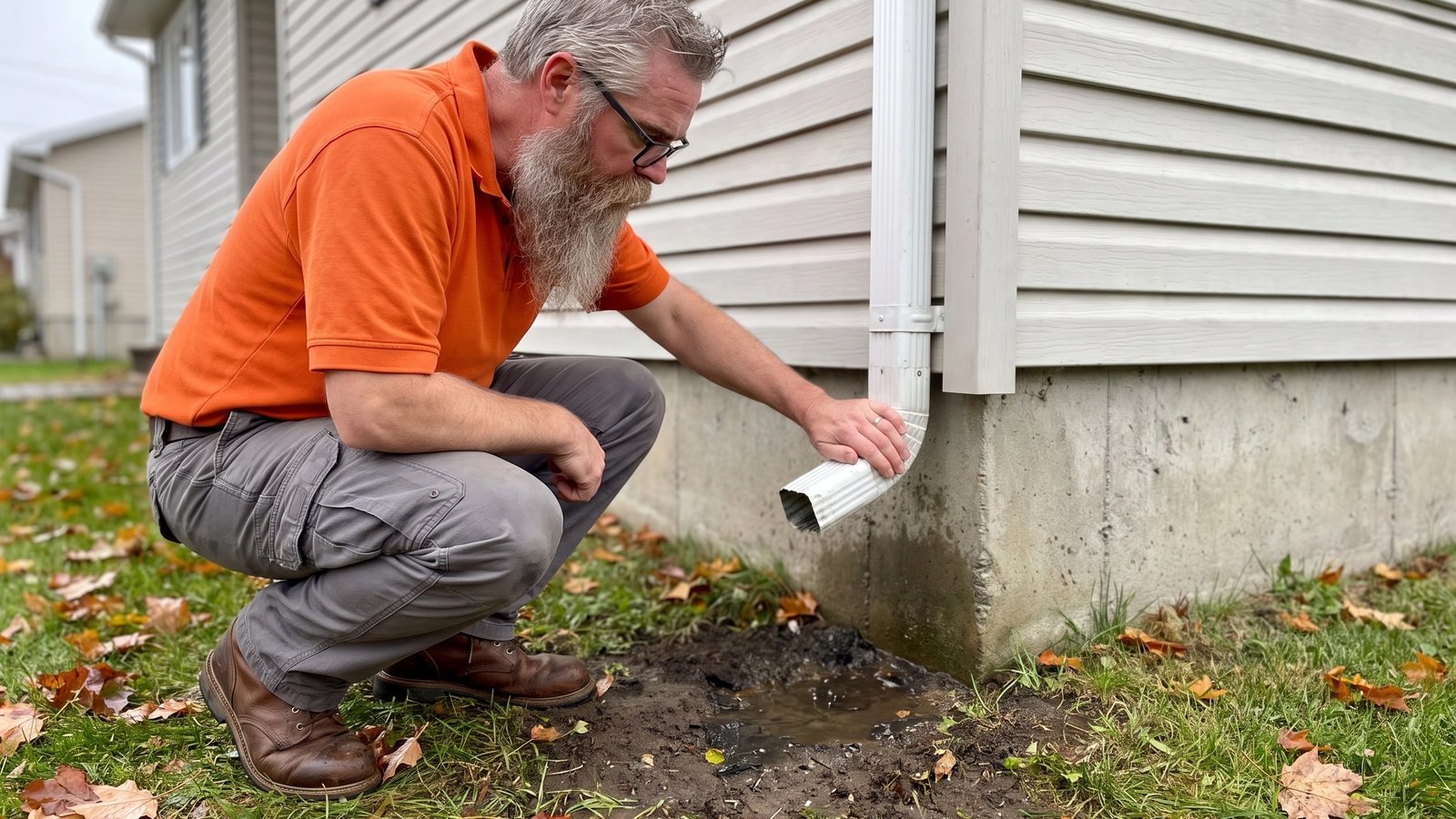 Home inspector checking a downspout and the grading at the foundation corner of a Southern New Brunswick home on a wet fall morning