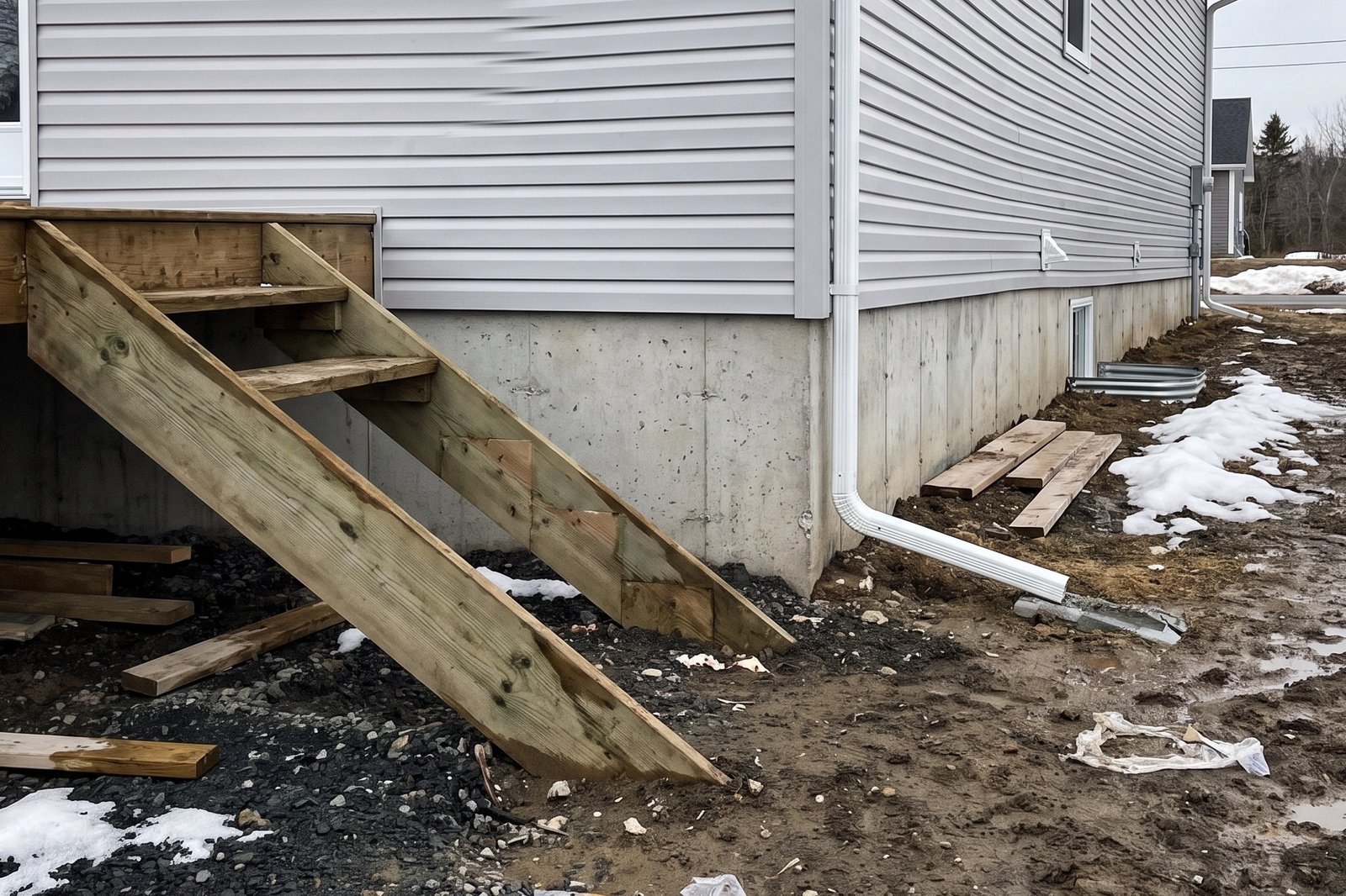Rough construction grading, scrap lumber and a downspout ending at the wall beside new deck stairs at a new build in the Kennebecasis Valley, seen during a new construction inspection