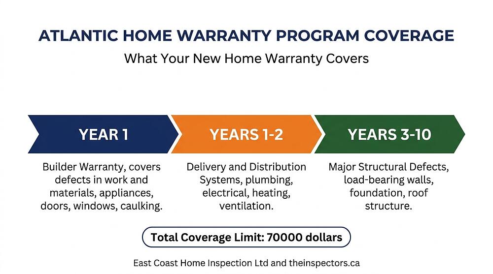 Atlantic Home Warranty Program coverage timeline showing what is covered in Years 1 through 10 for new homes in New Brunswick