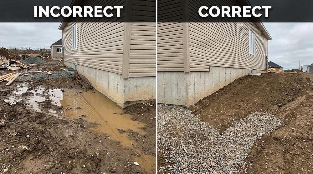 Improper grading directing water toward a new home foundation in New Brunswick, a common new construction deficiency