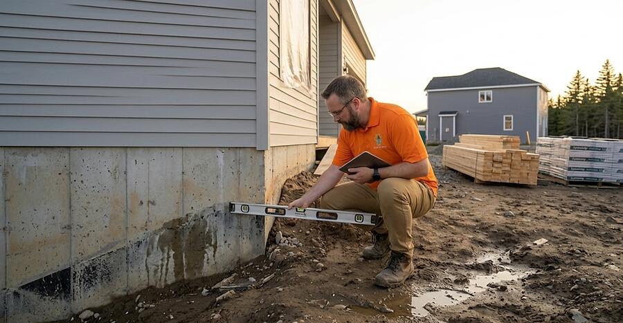 Home inspector checking grading and drainage around a new construction foundation in Saint John, New Brunswick