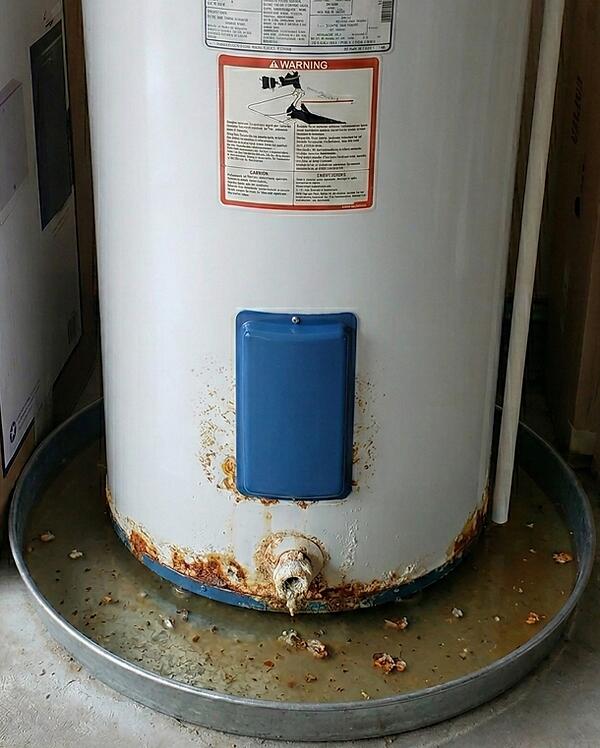 A 22-year-old water heater with visible rust and water in the drain pan