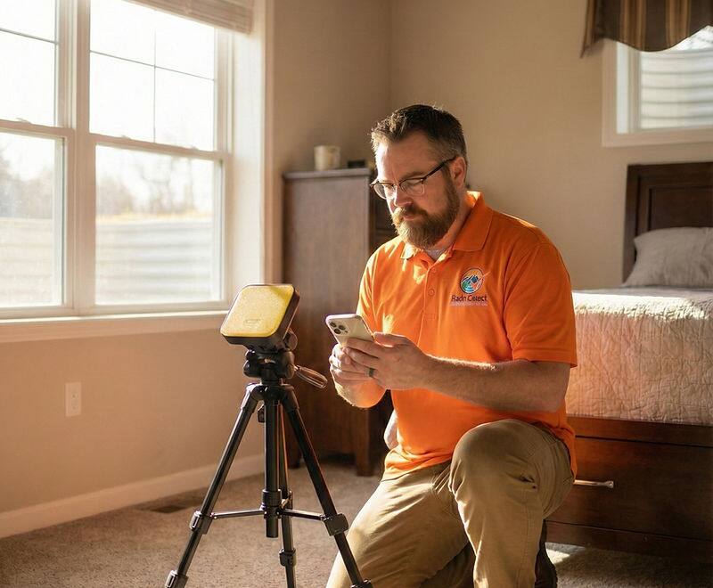 Home inspector setting up a radon test in a basement bedroom
