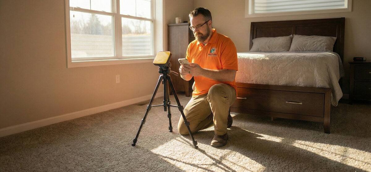 Home inspector setting up a radon test in a bedroom in the basement on a tripod