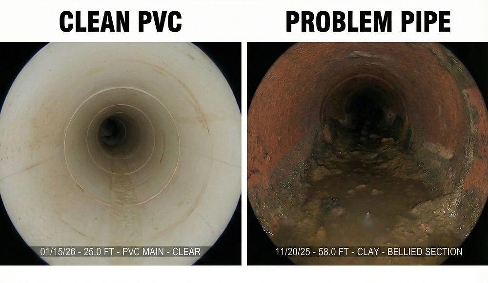 Sewer scope comparison: clean PVC pipe versus root-damaged clay pipe found during inspection in New Brunswick