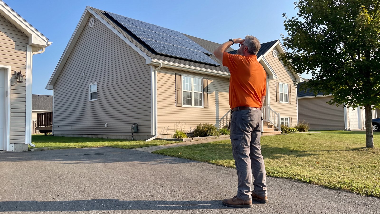 Residential solar panel array on the roof of a Southern New Brunswick home on a clear summer day