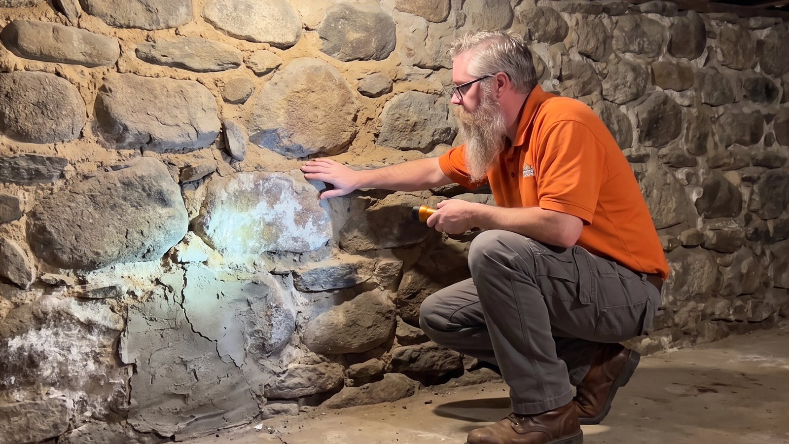 Stone foundation inspection in an older Southern New Brunswick home