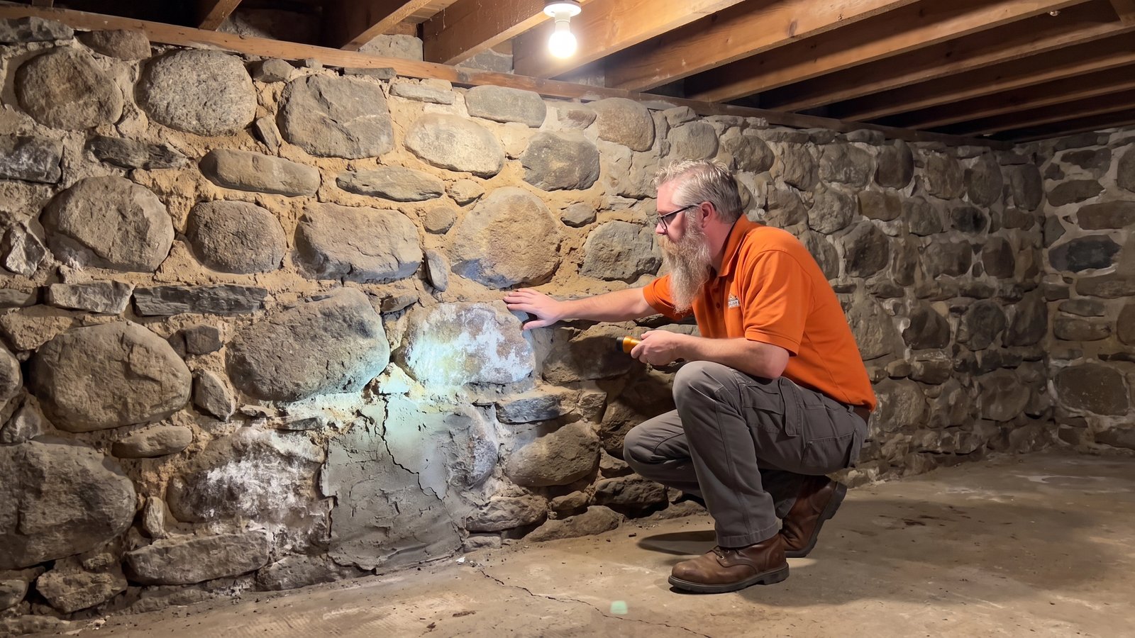 Stone foundation wall in an older Saint John home basement showing original rubble stone and mortar joints