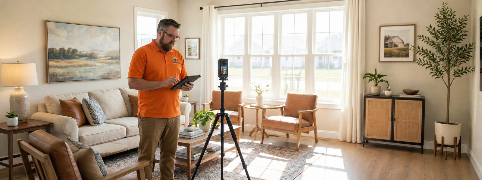 Jonathan Gogan setting up 360 camera on tripod inside a home