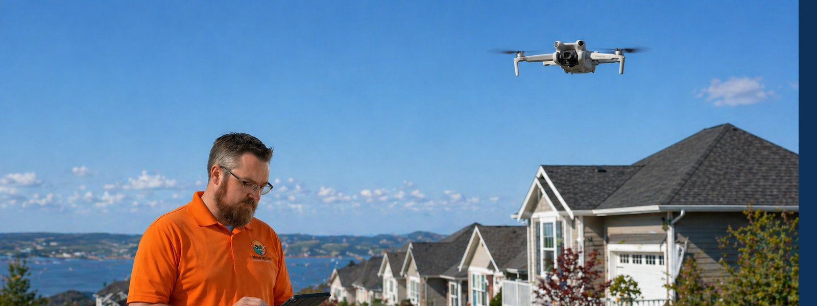 Inspector operating a drone for an aerial roof inspection on a Maritime home in Southern New Brunswick