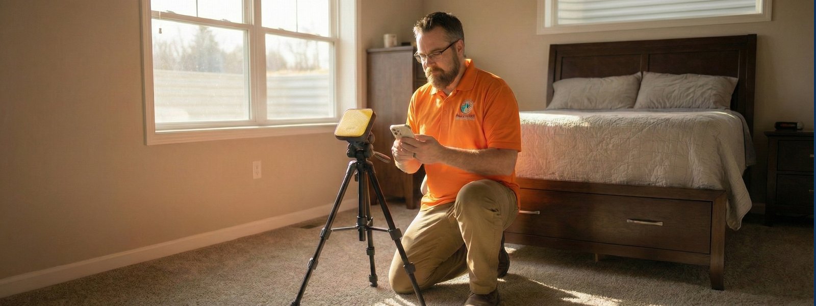Radon testing equipment set up in a New Brunswick home
