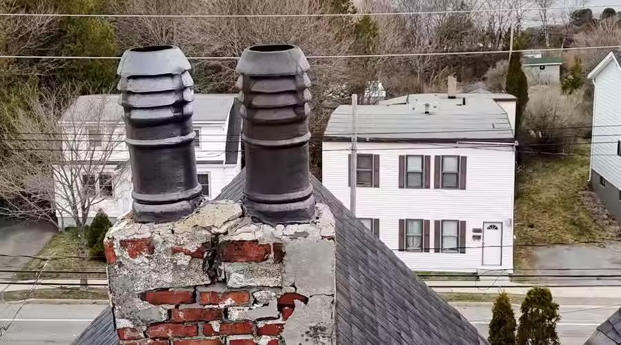 Aerial drone photograph of a brick chimney and roof penetration assessed during a WETT inspection