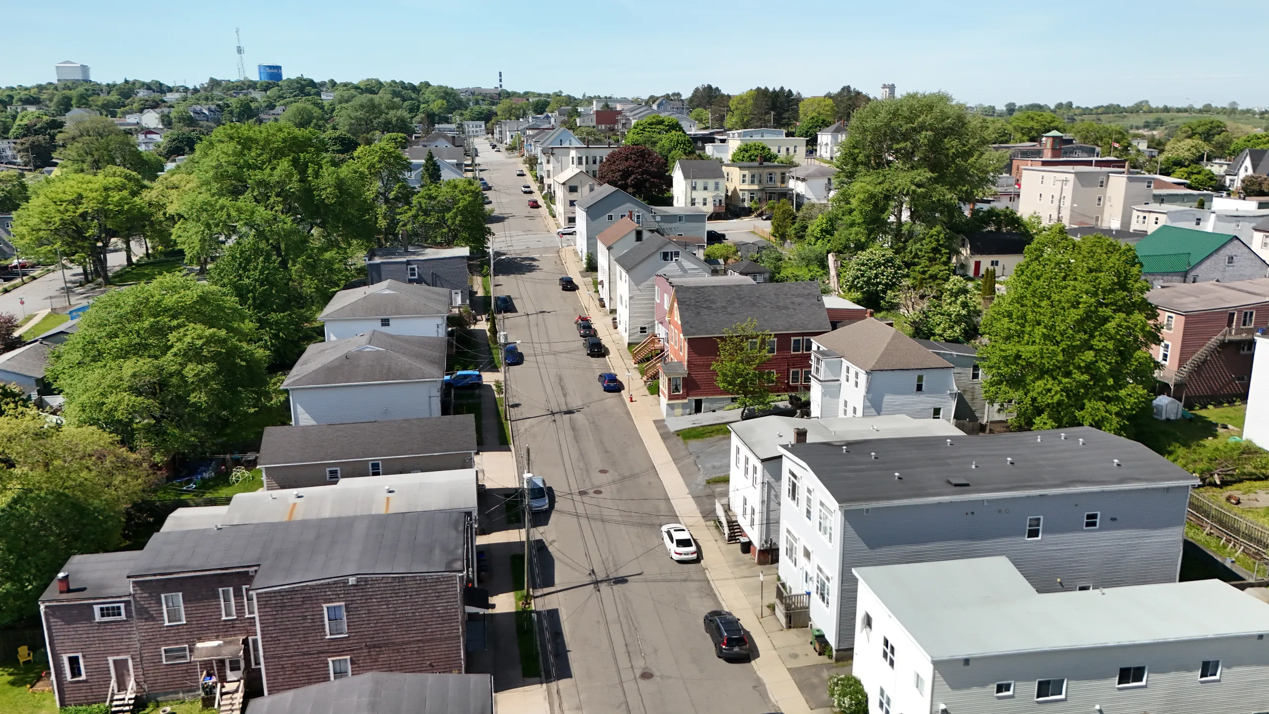 Aerial view of an older West Side Saint John residential street in early summer