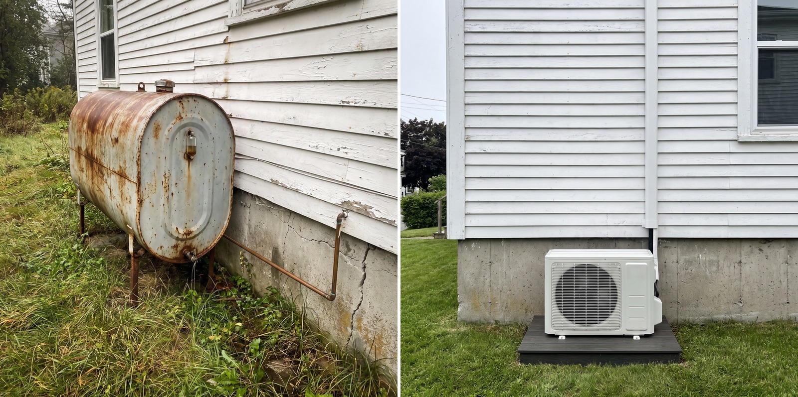 Before and after of an oil to heat pump conversion: an old rusted outdoor oil tank beside an older Saint John home, and a new mini-split heat pump installed on a pad at the same style of home