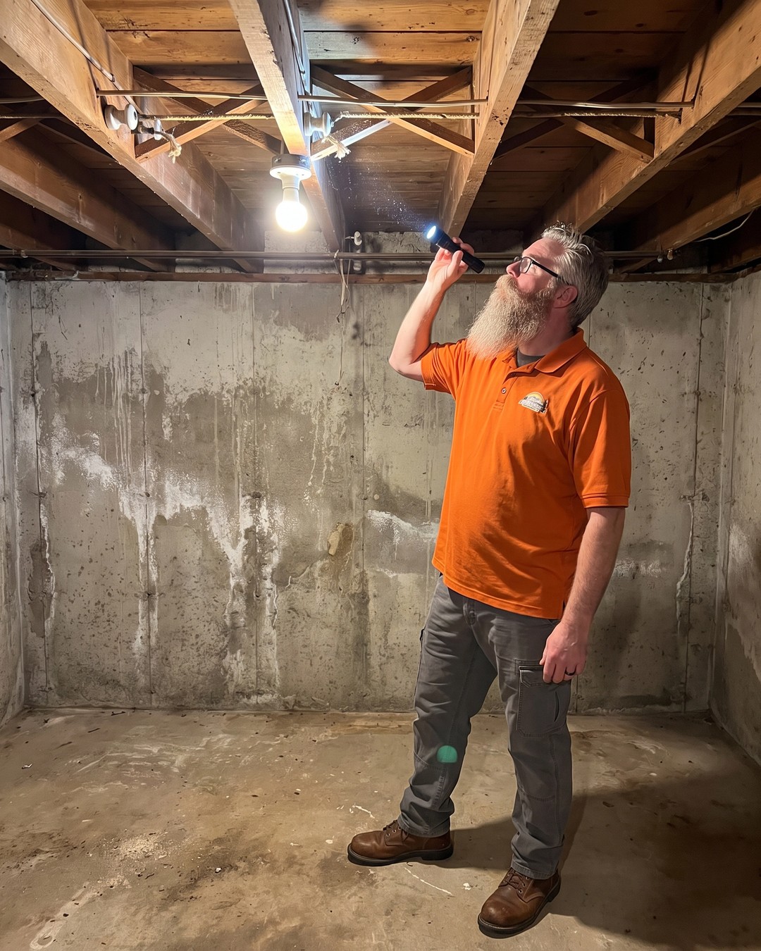 Jonathan shining a flashlight up at knob and tube wiring along the basement joists of an older pre-1980 Saint John home during a pre-listing inspection