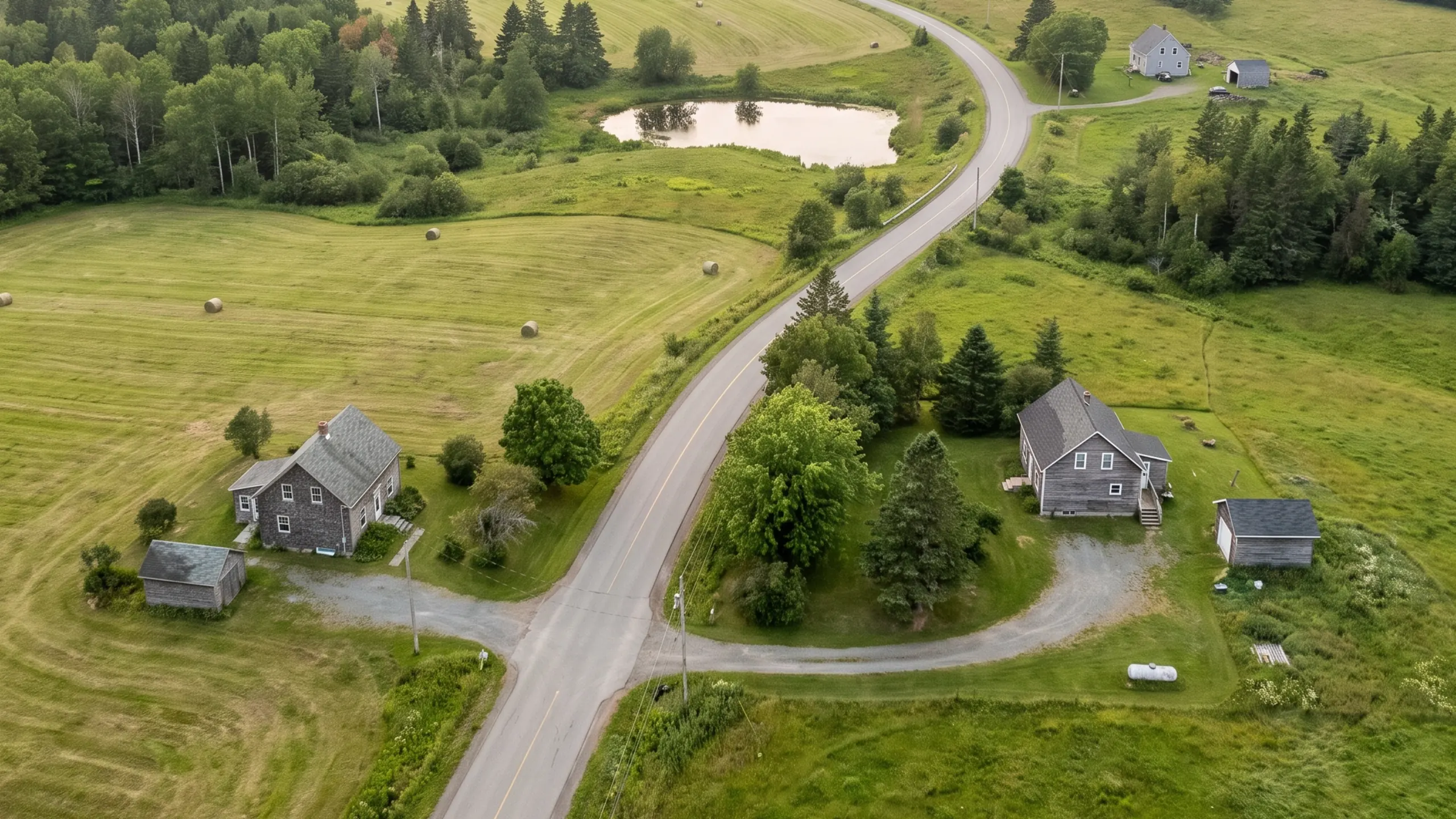 Aerial view of a rural road outside Hampton in July