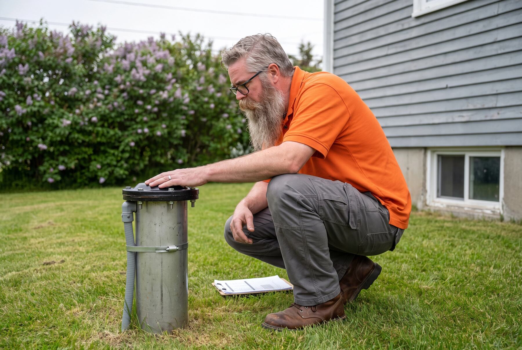 Jonathan at the well cap in the yard of a rural home near Hampton during a July pre-listing inspection