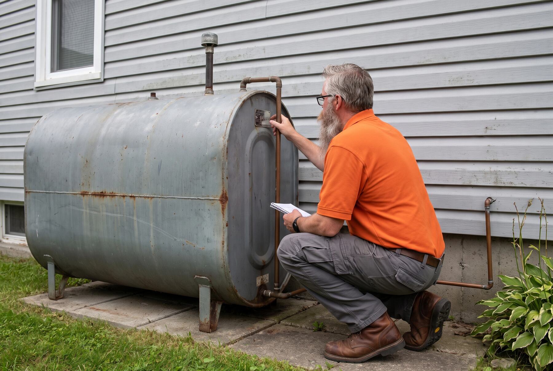 Jonathan reading the data plate on an outdoor oil tank beside an older Saint John home in July
