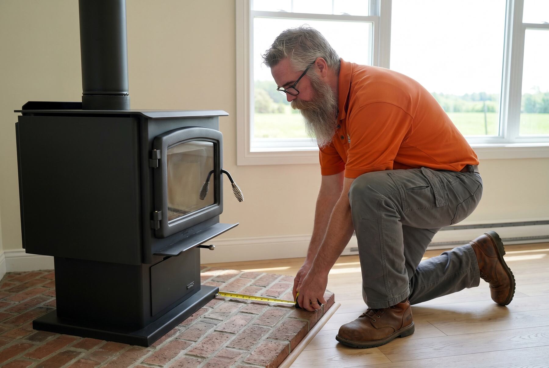 Jonathan measuring the hearth pad in front of a wood stove during a July WETT inspection in a home near Sussex