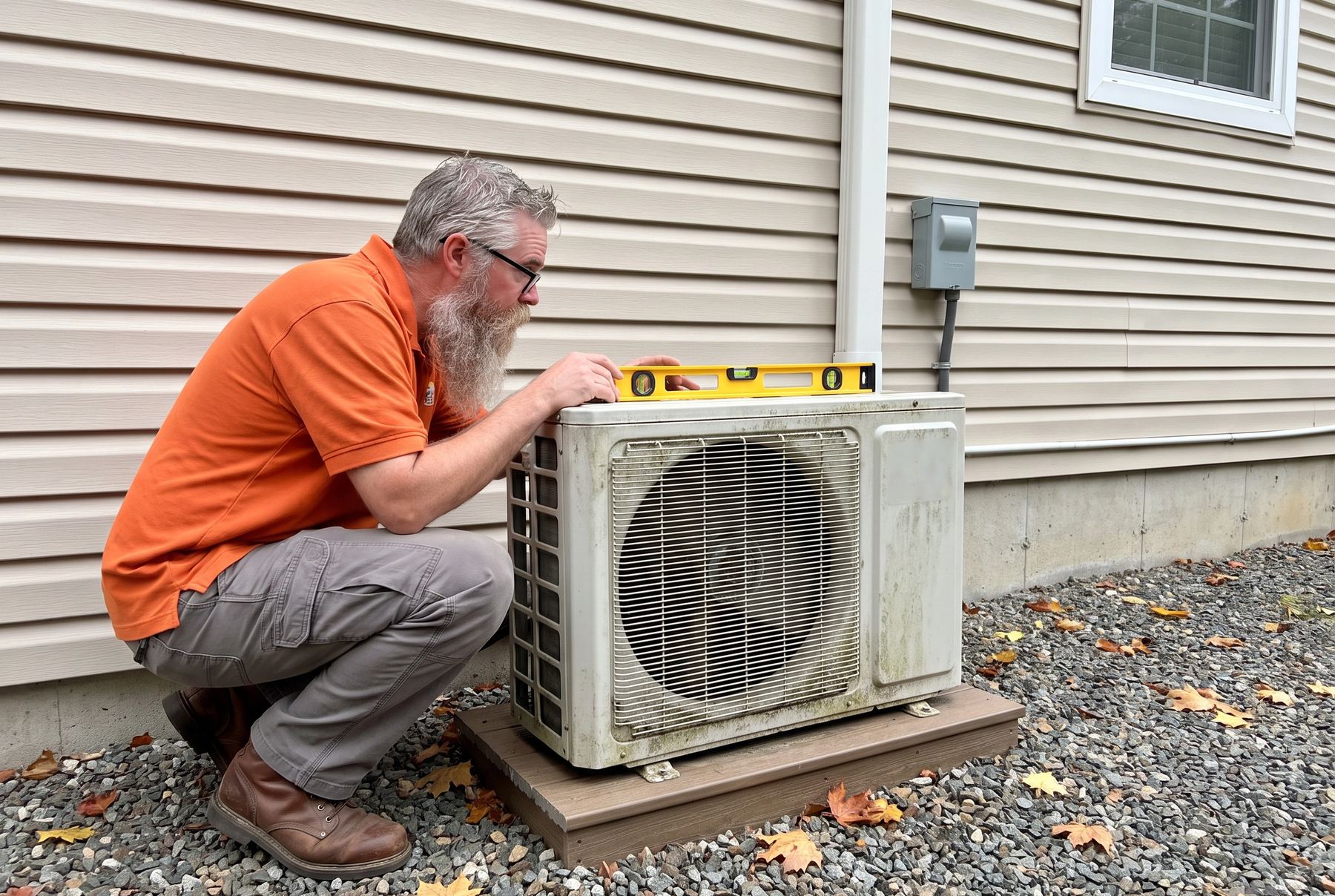 Jonathan checking that a heat pump outdoor unit sits level beside a home